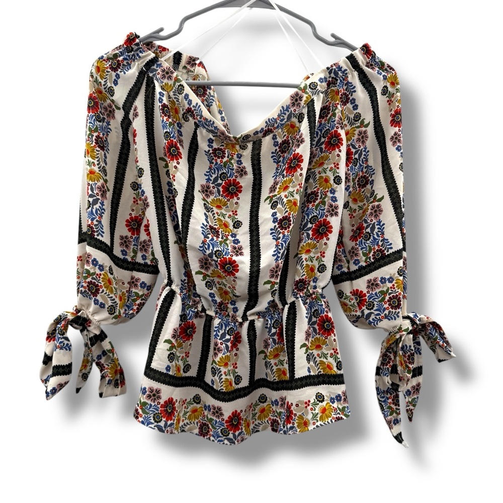 Anthropologie If By Sea White Black Stripe Multicolor Floral Off Shoulder Top S